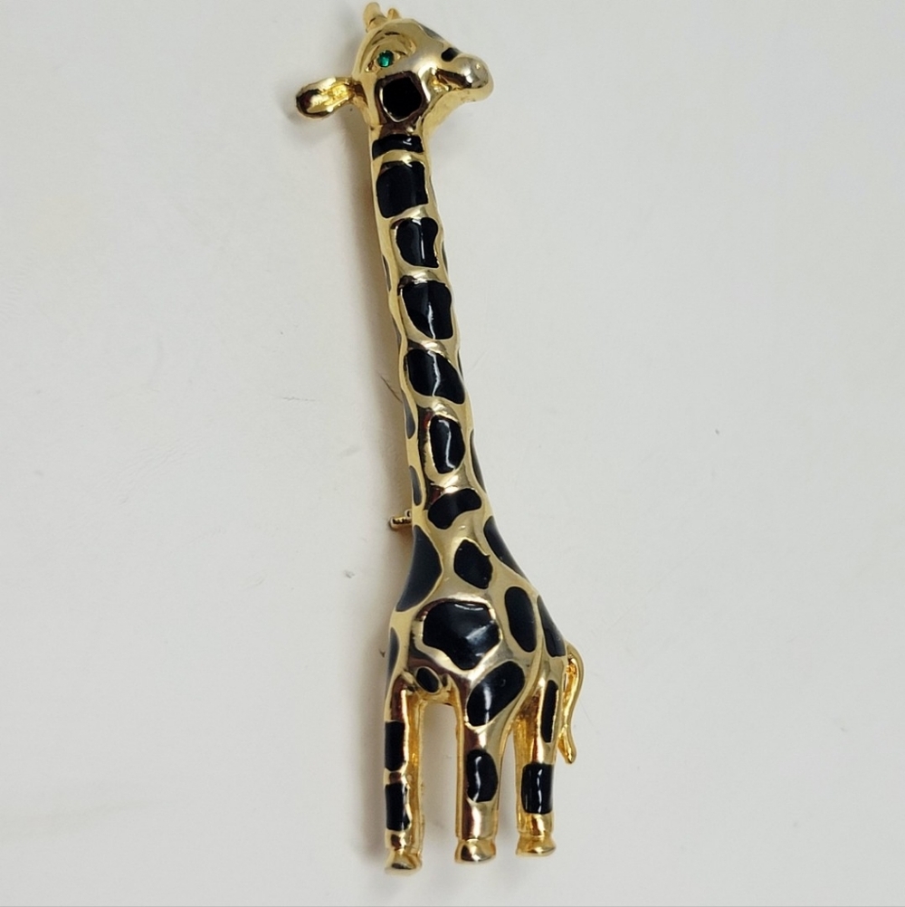 Vintage Giraffe Gold Tone Black Enamel Animal Statement Brooch